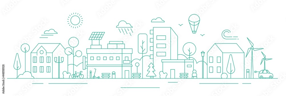 Fototapeta premium Eco friendly city landscape flat outline graphic sketch. Skyscraper real estate building with solar panel and wind turbine alternative power sources generator silhouette vector illustration