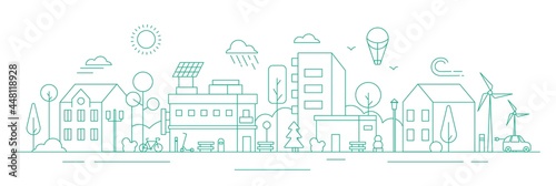 Eco friendly city landscape flat outline graphic sketch. Skyscraper real estate building with solar panel and wind turbine alternative power sources generator silhouette vector illustration