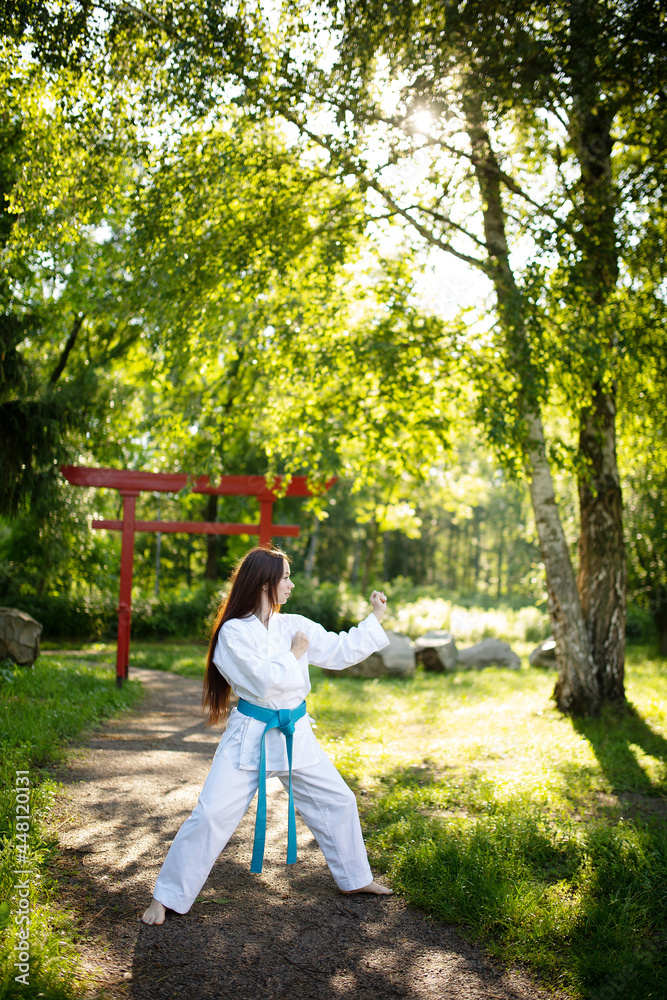 Young Woman in Kimono practicing karate, Japanese martial arts outdoors. Early foggy morning