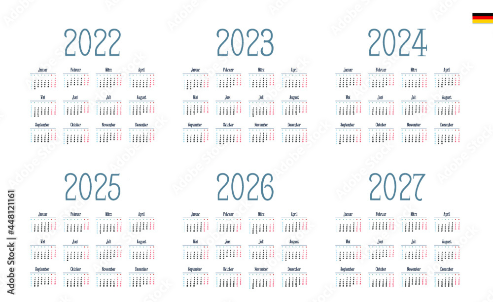 German Calendar for 2022, 2023, 2024, 2025, 2026, 2027. Week starts on