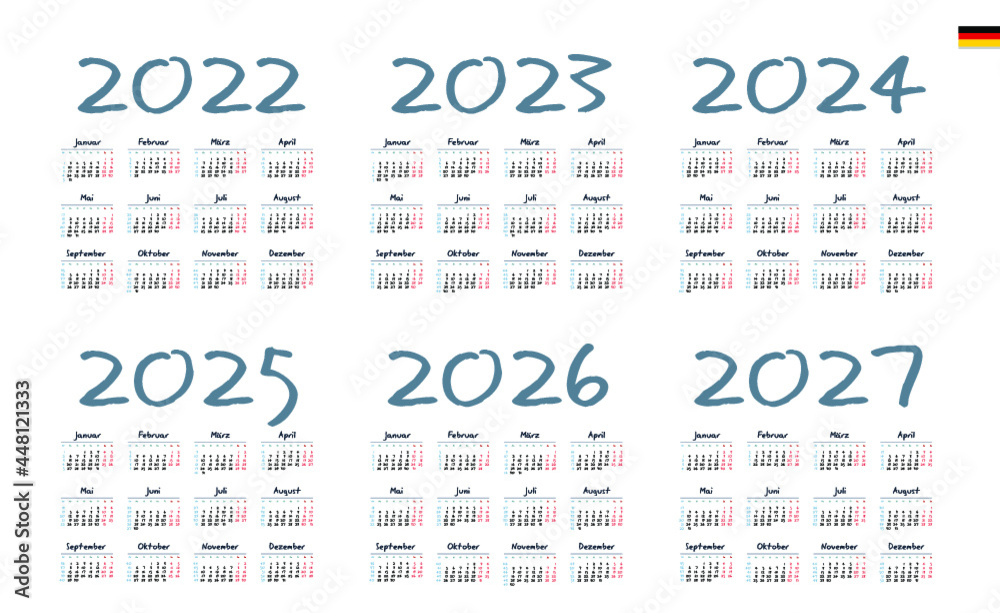 German Calendar for 2022, 2023, 2024, 2025, 2026, 2027. Week starts on
