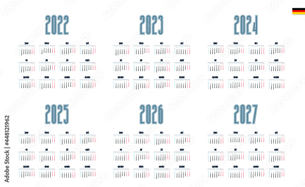 German Calendar for 2022, 2023, 2024, 2025, 2026, 2027. Week starts on