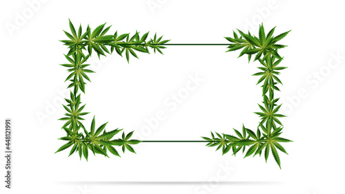 Horizontal frame of green cannabis leaves. Template of frame decorated with cannabis leaves isolated on a white background