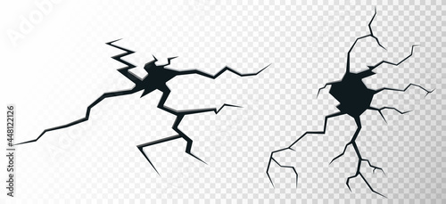 Ground cracks set on transparent background. Earthquake crack the rift on surface. Ruined cracked texture. Ground split after disaster. Aging or dried ground effects. Vector illustration