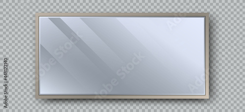 Realistic rectangle mirror with reflection on glass. Geometrical mirror with rectangle frame shape. Reflecting glass surface. 3d template design for decor interior. Vector illustration