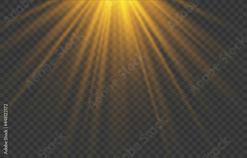 Realistic spotlight sunlight isolated on transparent background. Yellow sun rays and glow. Glowing light burst. Flare effect decoration with ray sparkles. Horizontal stellar rays, searchlight. Vector