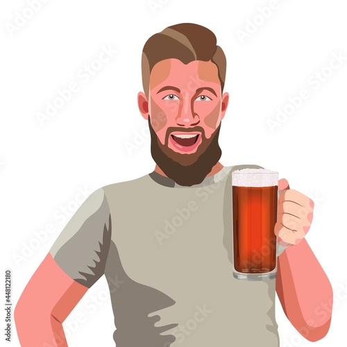 A smiling young man with a beard holding a mug of light craft beer in his hand. For banners, flyers, posters, cards. Beer day. Beer festival. Vector illustration isolated on white background.
