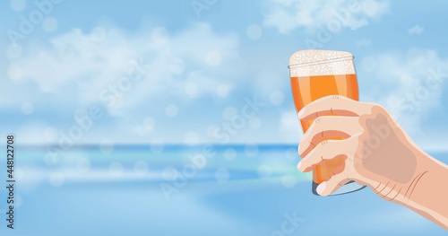Rectangular banner with human hand holding glass of weizen with light beer on blue sky and sea background. International Beer Day. Beer day. Alcoholic drinks. Template. Post. Vector illustration.
