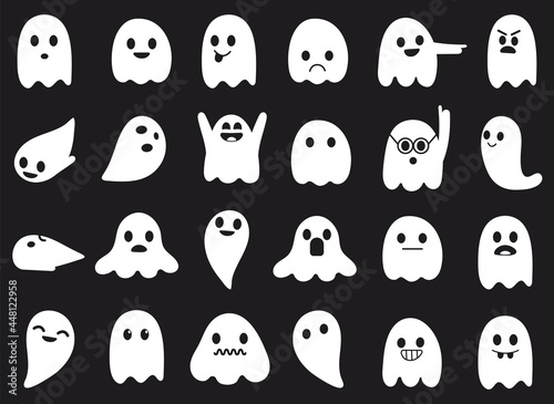 Collection of flat simple ghosts. Set of design for halloween, scary white ghosts, in cartoon style isolated on black background