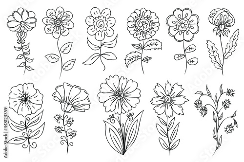 Set of hand drown black outline doodle flowers