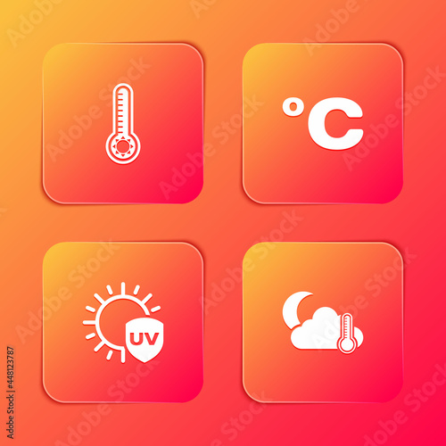 Set Meteorology thermometer, Celsius, UV protection and Thermometer and cloud, moon icon. Vector