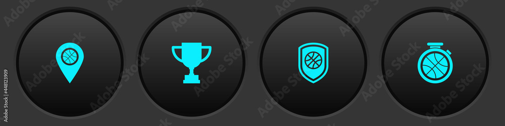 Set Location with basketball ball, Award cup, Shield in the and Stopwatch icon. Vector Set Location with basketball ball, Award cup, Shield in the and Stopwatch icon. Vector
