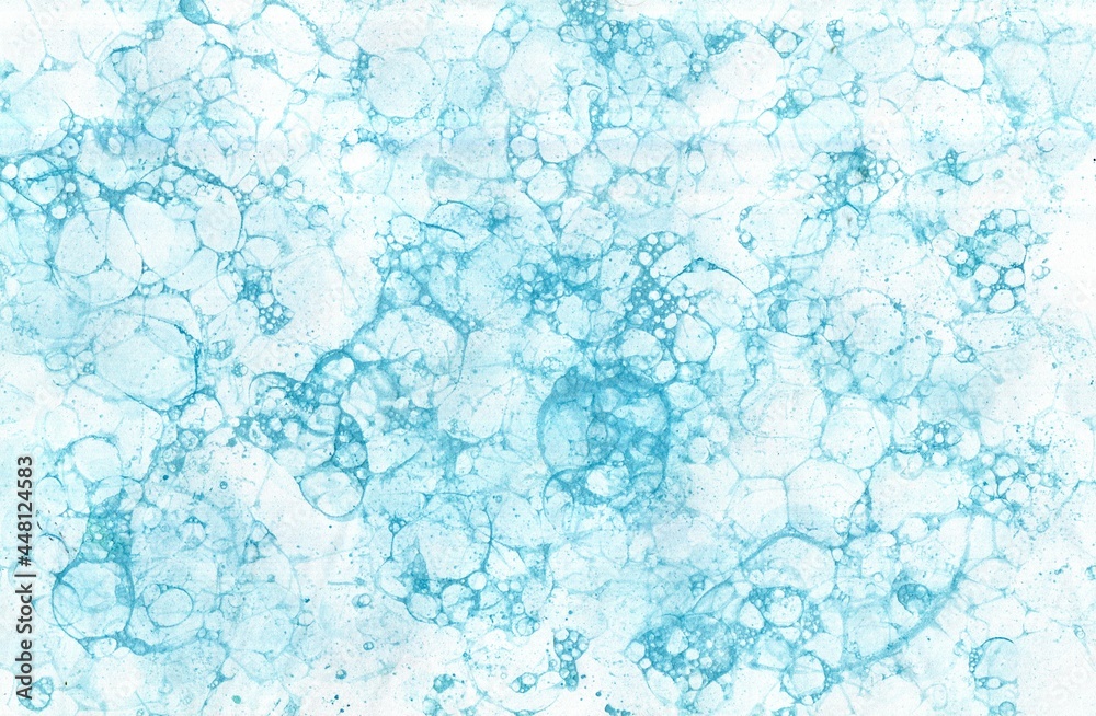 Liquid paints, watercolors, bubbles of different shapes. Abstract decorative delicate blue background with water. Empty space for the text