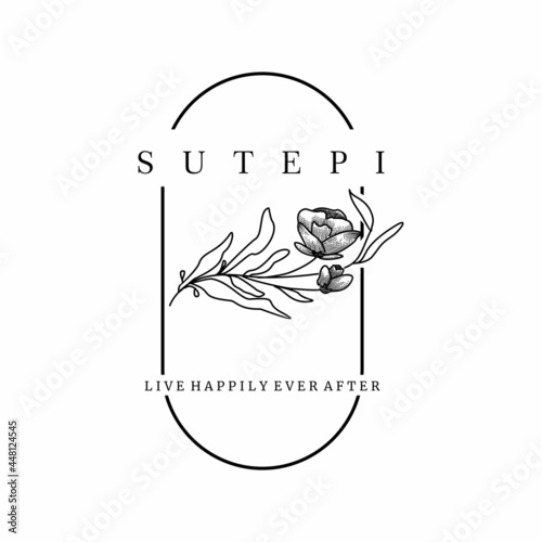 floral design line art engraving with emblem feminine logo vector