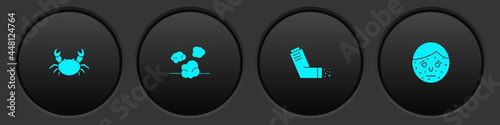 Set Crab, Dust, Inhaler and Face with psoriasis or eczema icon. Vector