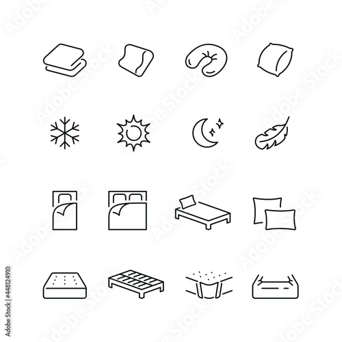 Linens related icons: thin vector icon set, black and white kit