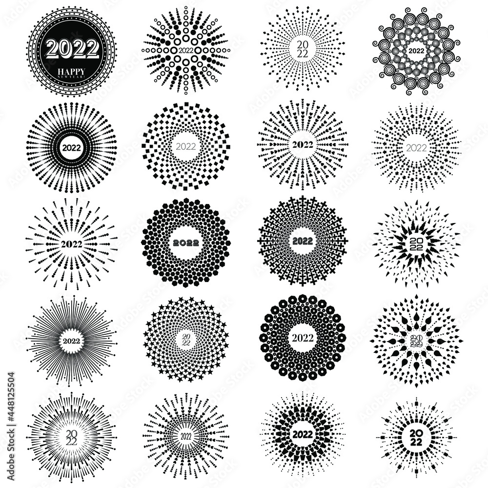 Set of 20 abstract vector illustration on 2022 New Year designs in a black and white sunburst style