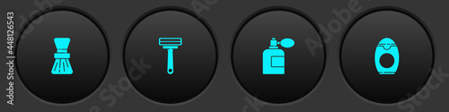 Set Shaving brush, razor, Aftershave bottle with atomizer and Bottle of shampoo icon. Vector