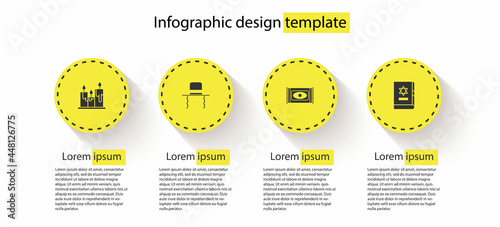 Set Burning candles, Orthodox jewish hat with sidelocks, Traditional carpet and Jewish torah book. Business infographic template. Vector
