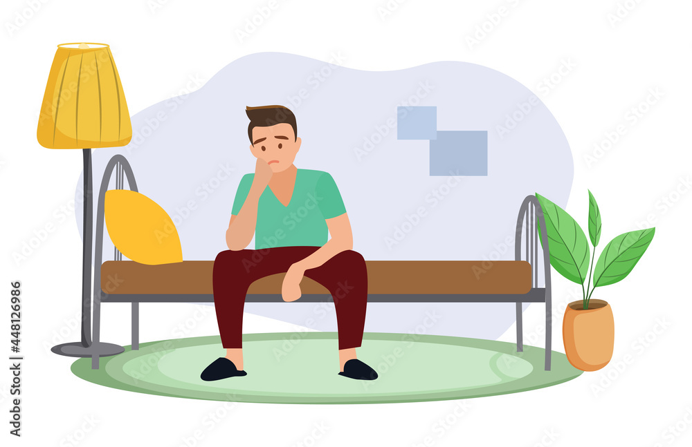 Tired man sits in his bed in the morning. Vector illustration.