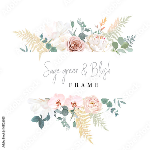 Silver sage and blush pink flowers vector design frame