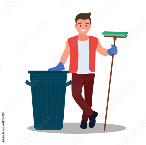 A human garbage collector . Garbage Collection. A man dressed in a uniform on an isolated background. Vector illustration.