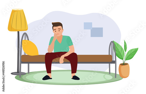 Tired man sits in his bed in the morning. Vector illustration.