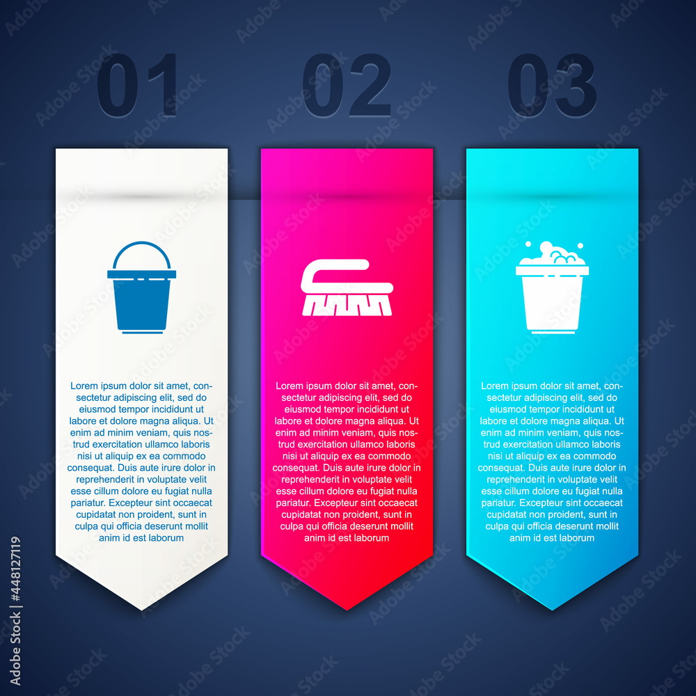 Set Bucket, Brush for cleaning and with soap suds. Business infographic template. Vector Set Bucket, Brush for cleaning and with soap suds. Business infographic template. Vector