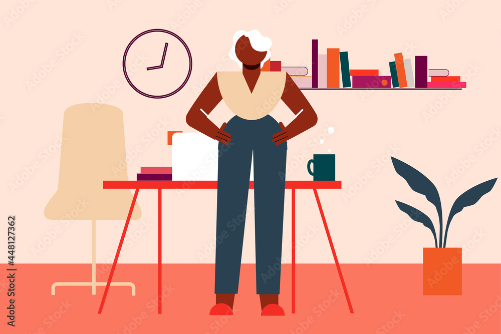 Boss lady at work, in charge. Colorful vector illustration on women at workplace, business owners