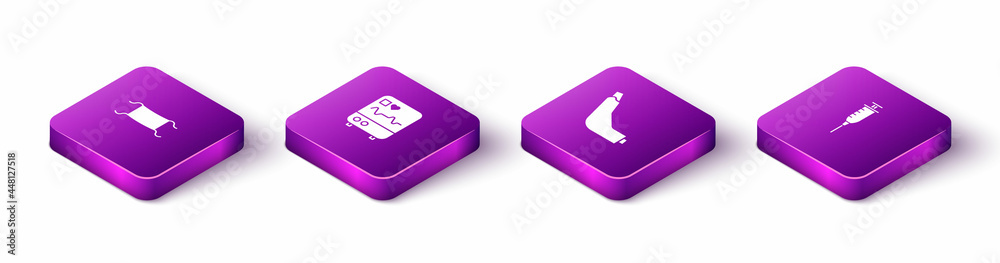 Set Isometric Medical protective mask, Monitor with cardiogram, Inhaler and Syringe icon. Vector Set Isometric Medical protective mask, Monitor with cardiogram, Inhaler and Syringe icon. Vector