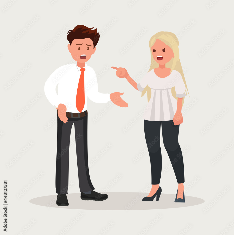 Conflict at work. A woman boss scolds an office worker man. Vector illustration. Conflict at work. A woman boss scolds an office worker man. Vector illustration.