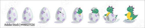 Dino hatching egg in different stage of eggshell crashing. Birth of cute little prehistoric reptile dinosaur or fantastic dragon item vector illustration isolated on white background