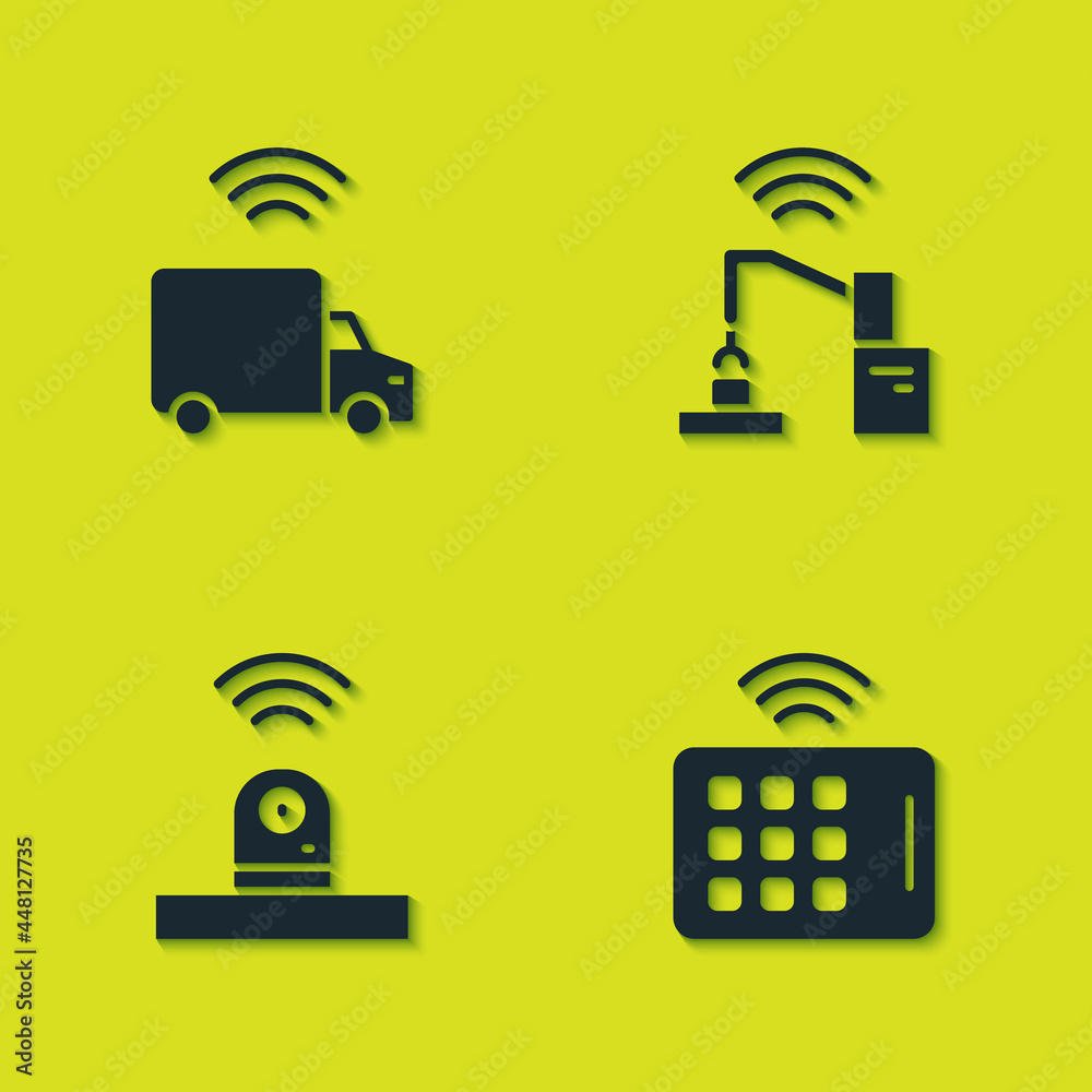 Set Smart truck, Wireless tablet, security camera and Robotic robot arm hand factory icon. Vector Set Smart truck, Wireless tablet, security camera and Robotic robot arm hand factory icon. Vector