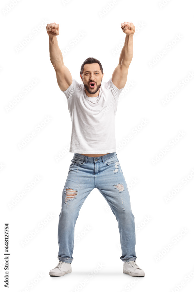 Full length portrait of a young man cheering Full length portrait of a young man cheering