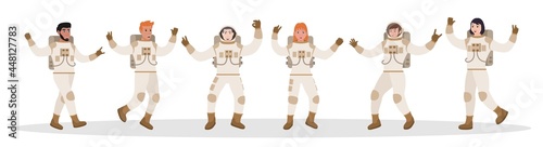 Astronaut character in space suit stand in funny poses set. Cute cosmonaut in cosmic apparel ready for universe exploration in motion vector illustration isolated on white background