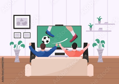 Friend, brother watching football in home living-room on TV. Excitement soccer competition game fan sitting on couch cheering together for favorite team fighting on screen vector illustration