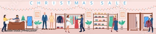 People shopping at fashion shop on christmas holidays sale. Boutique beauty store customer making purchase and seller offering best service and xmas garment choice vector illustration