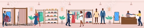 Diverse dark skin people shopping at fashion boutique shop. Man and woman choosing, fitting, buying clothes in fashionable garment store enjoy best shop assistant service vector illustration