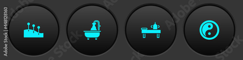 Set Acupuncture therapy, Bathtub, Massage table with oil and Yin Yang icon. Vector
