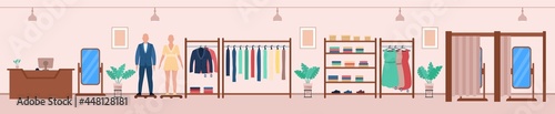 Fashion shop or boutique showroom interior with showcase. Elegant clothes sale in commercial retail room. Empty clothing market with hanger, shelf and mannequin vector illustration