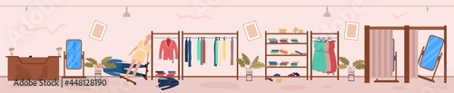 Abandoned fashion shop neglected messy interior. Hallway room of empty store, boutique or showroom with broken shelf, mirror, scattered clothing and mannequin, dusty floor vector illustration