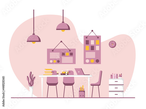 Workplace and work station flat design, Concept of working desk or office interior with furniture. Modern office room with computer, table and equipment. Work from home illustration.