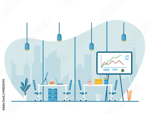 Workplace and work station flat design, Concept of working desk or office interior with furniture. Modern office room with computer, table and equipment. Work from home illustration.