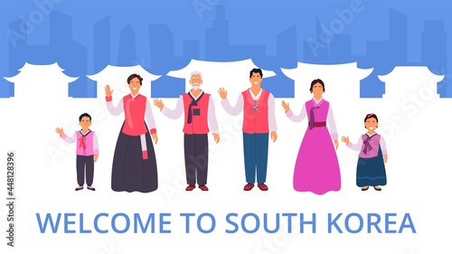 Welcome to south Korea greeting card hanbok family design. Happy oriental family with children in traditional clothing welcoming Korea visitor postcard template vector illustration