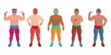 Strong mexican wrestler in different mask standing in row. Power sportsman, muscular warrior, powerful champion wearing costume showing strength vector illustration isolate on white background