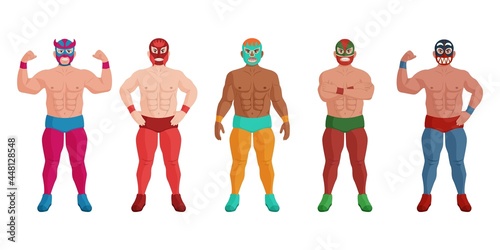 Strong mexican wrestler in different mask standing in row. Power sportsman, muscular warrior, powerful champion wearing costume showing strength vector illustration isolate on white background photo
