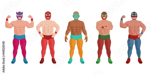Strong mexican wrestler in different mask standing in row. Power sportsman, muscular warrior, powerful champion wearing costume showing strength vector illustration isolate on white background