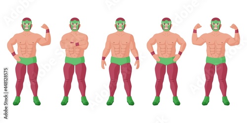 Strong lucha libre mexican wrestler in different pose set. Cheerful luchador in mask showing power in muscle, powerful champion of extreme wrestling vector illustration isolate on white background