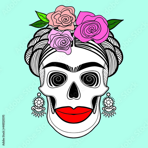 Obraz na plátně A skull with a female face in the image of Frida Kahlo