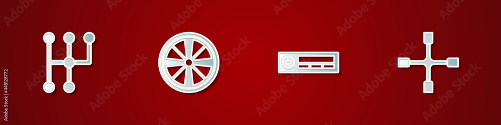 Set Gear shifter, Alloy wheel, Car Audio and Wheel wrench icon. Vector